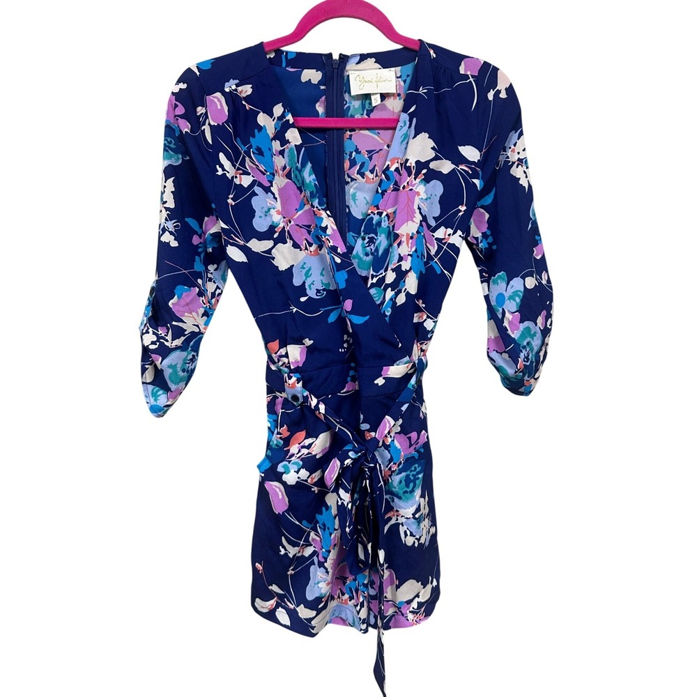 Yumi Kim Navy Blue Floral Silk Romper V-Neck Short Sleeve Small